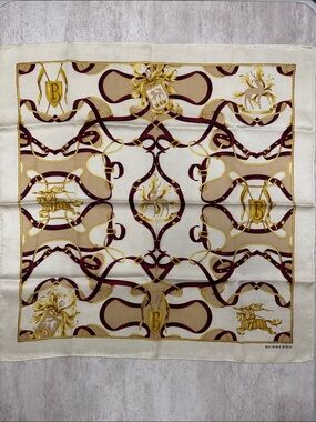 Burberry Cream, Burgundy and Gold Equestrian Silk Scarf